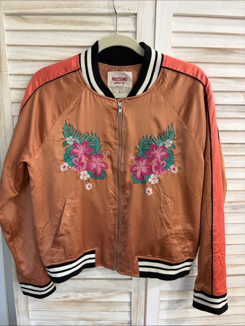 Mossimo Supply Co. Rust and Coral Satin Bomber with Pink Floral Embroidery
